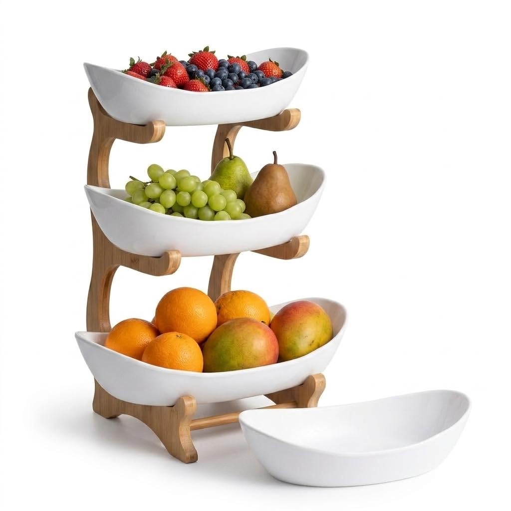 3-Tier Plastic Fruit Bowl Stand with Bamboo Frame R34505