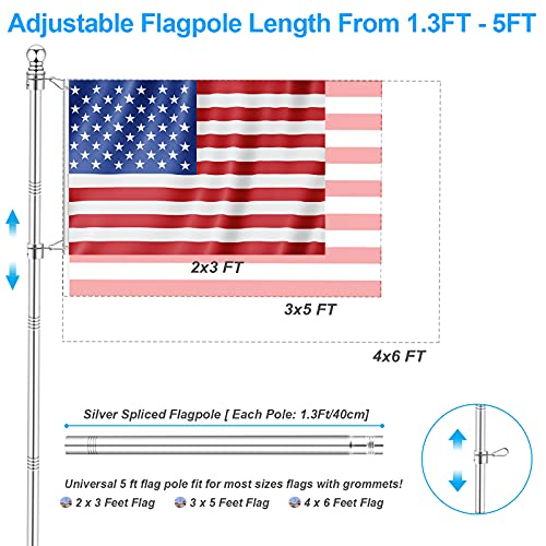 Silver 5 FT Metal Flagpole Kit and 304 Stainless Steel Flagpole Clips Y351035