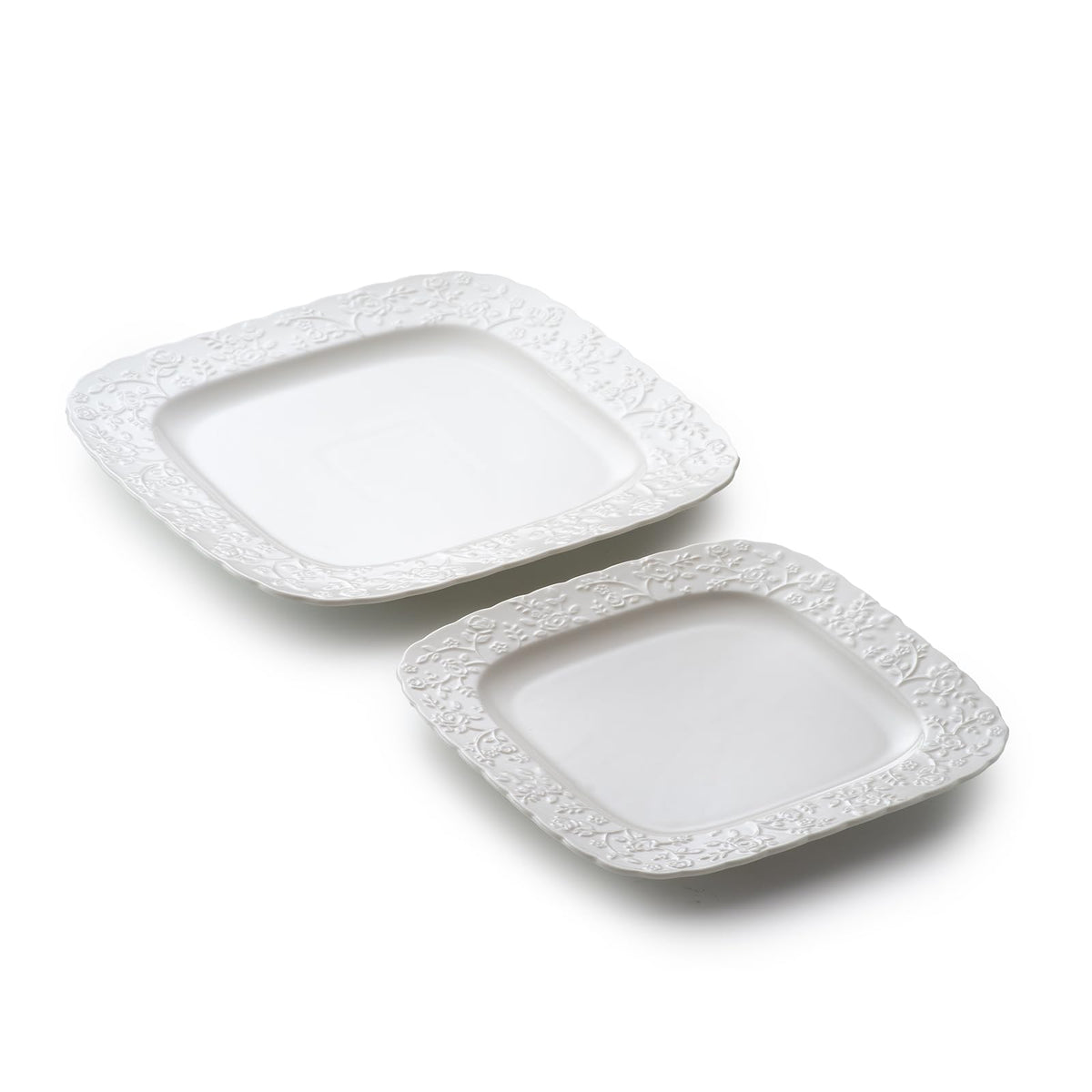 Ceramic Square Dinner Plates Set of 4, 10 & 12 Inch Embossed Salad Plates U7394