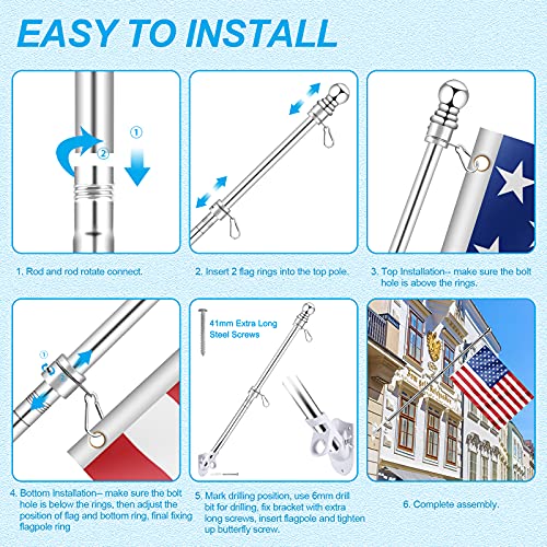 Silver 5 FT Metal Flagpole Kit and 304 Stainless Steel Flagpole Clips Y351035