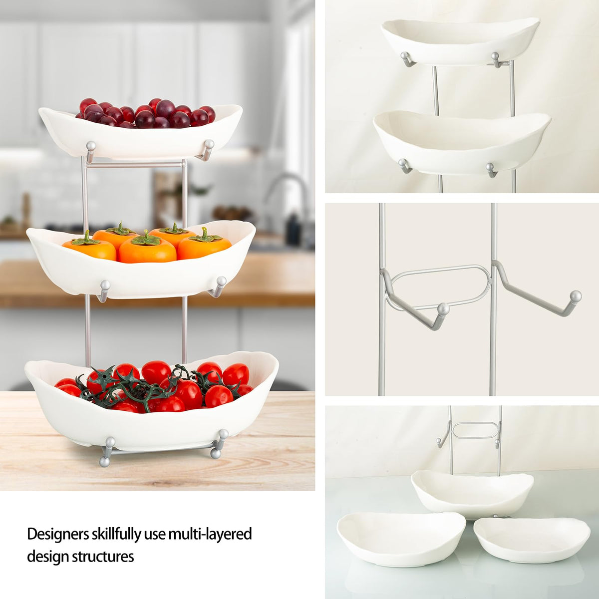 3 Tier Ceramic Fruit Bowl with Metal Stand D168