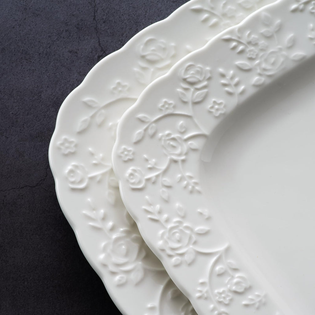 Ceramic Square Dinner Plates Set of 4, 10 & 12 Inch Embossed Salad Plates U7394