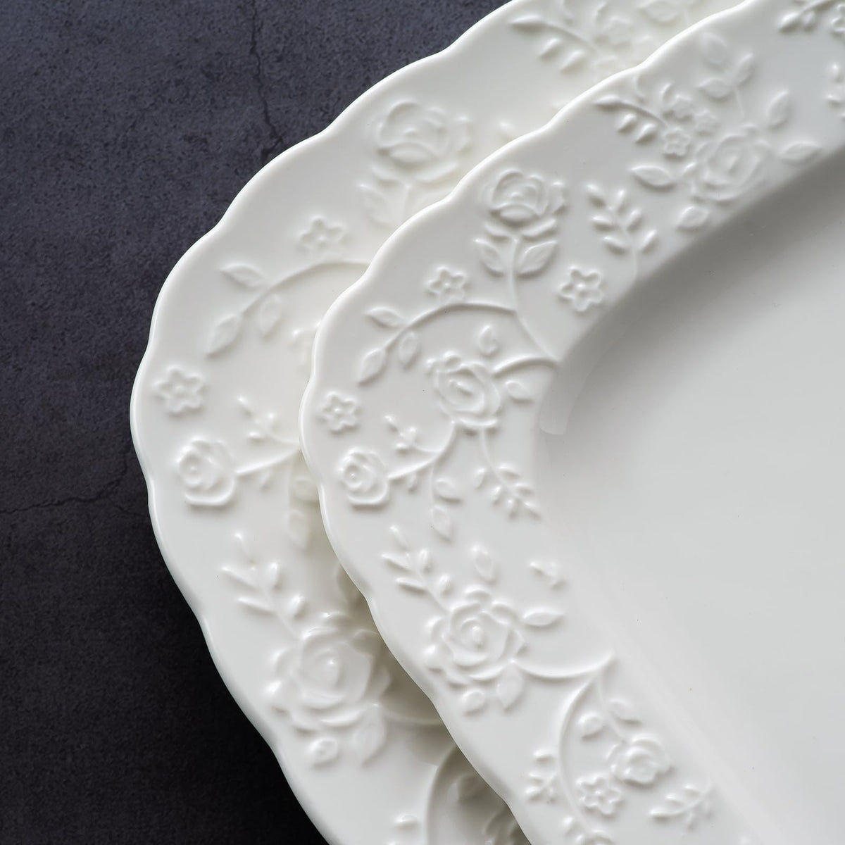 Ceramic Square Dinner Plates Set of 4, 10 & 12 Inch Embossed Salad Plates U7394