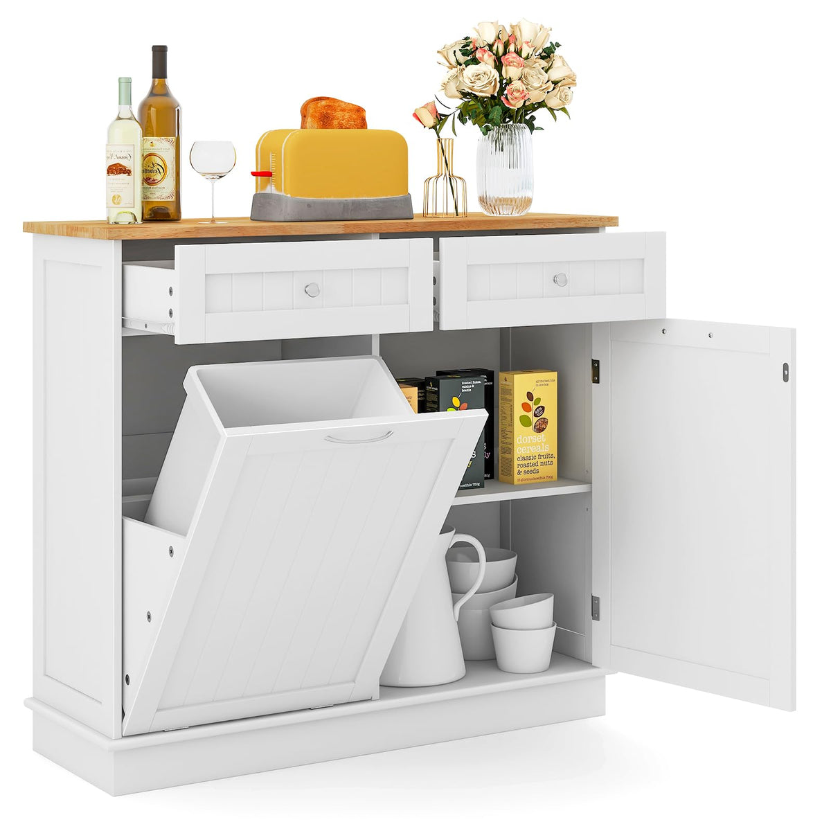 White Wooden Tilt Out Trash Bin Cabinet with Drawers B916586
