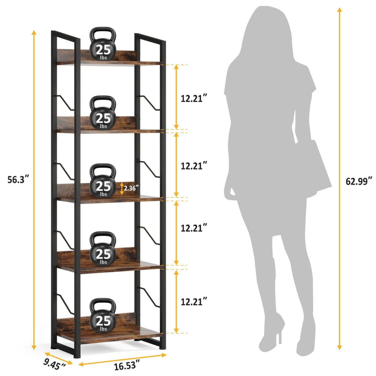 5 Tier Industrial Wood Bookshelf V46022
