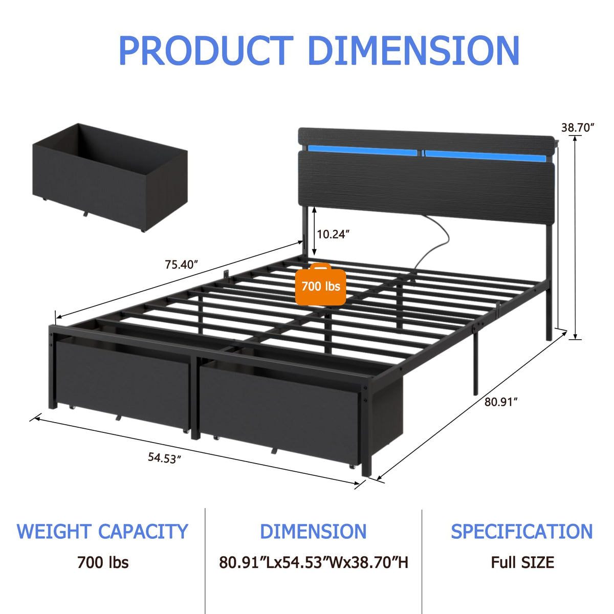Full Size Bed Frame with Wood Headboard and Storage Drawers A17296