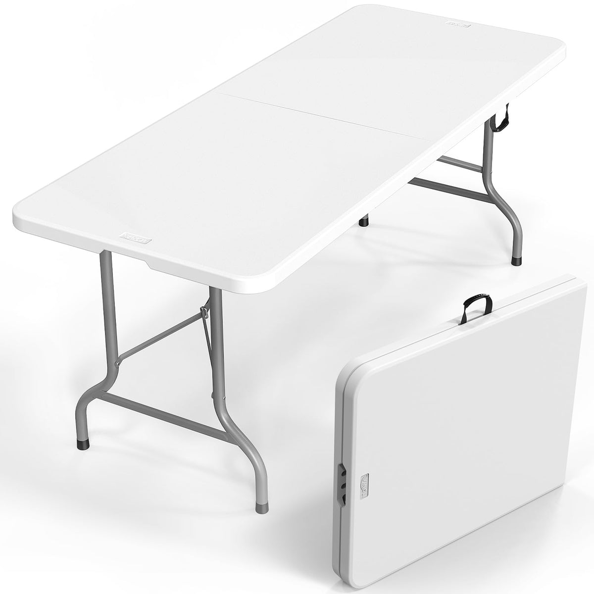 6 Foot White Plastic Folding Table with Carrying Handle O91341