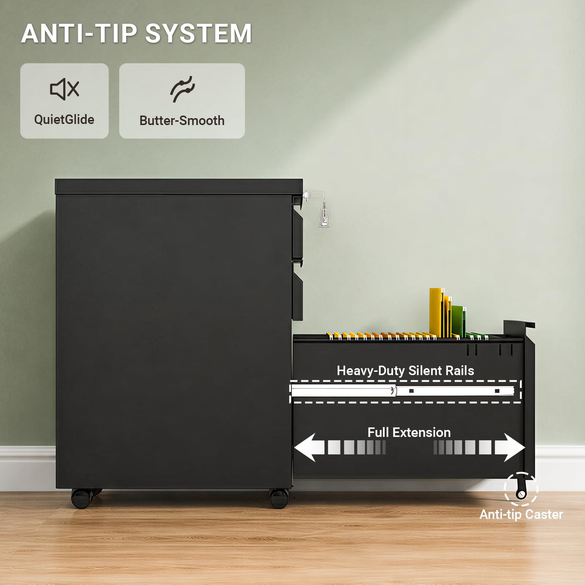 Black 3 Drawer Mobile File Cabinet with Lock B414