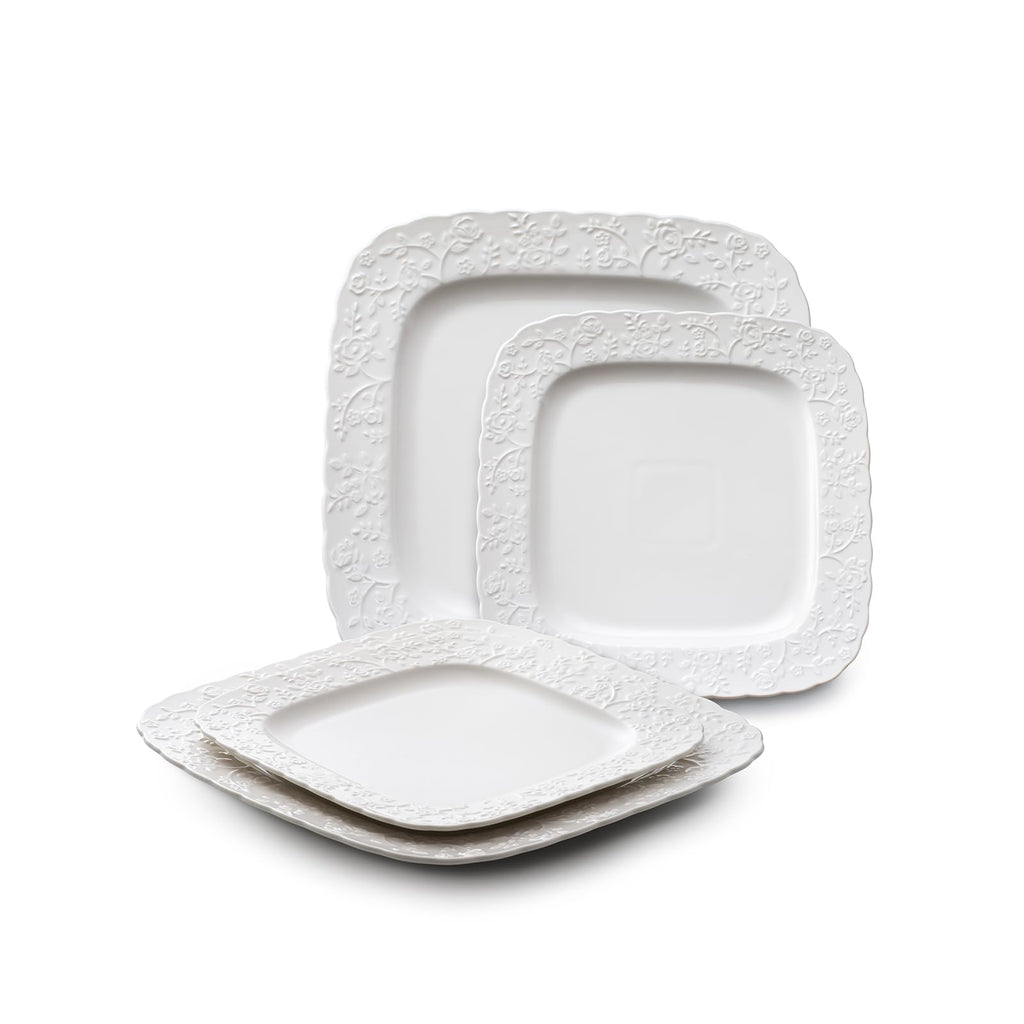 Ceramic Square Dinner Plates Set of 4, 10 & 12 Inch Embossed Salad Plates U7394