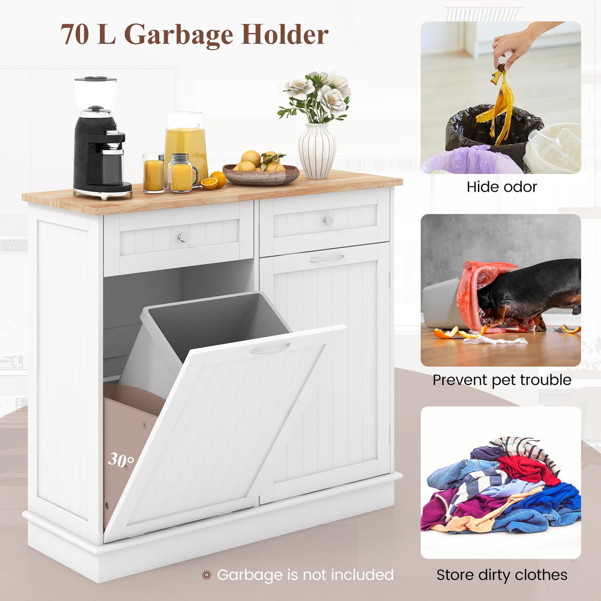 White Wooden Tilt Out Trash Bin Cabinet with Drawers B916586