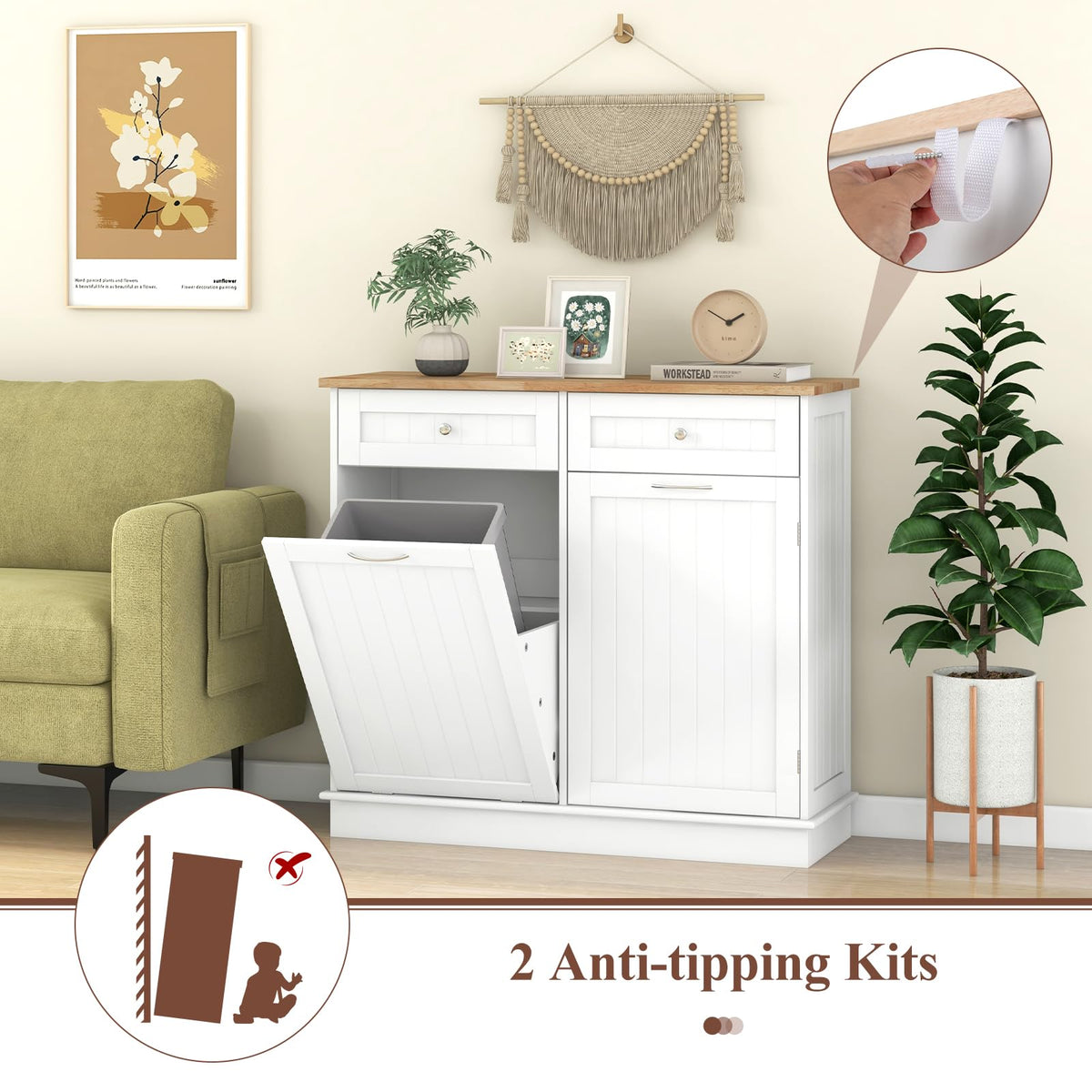 White Wooden Tilt Out Trash Bin Cabinet with Drawers B916586