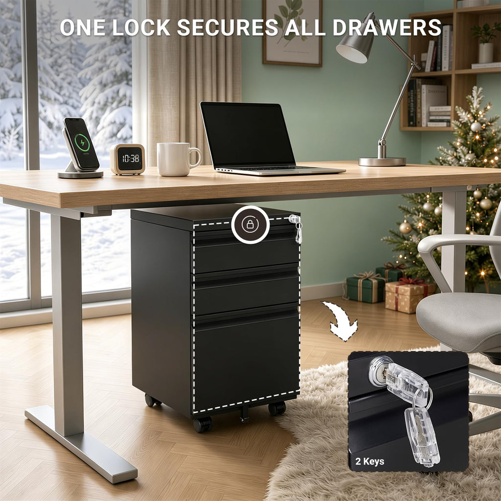 Black 3 Drawer Mobile File Cabinet with Lock B414
