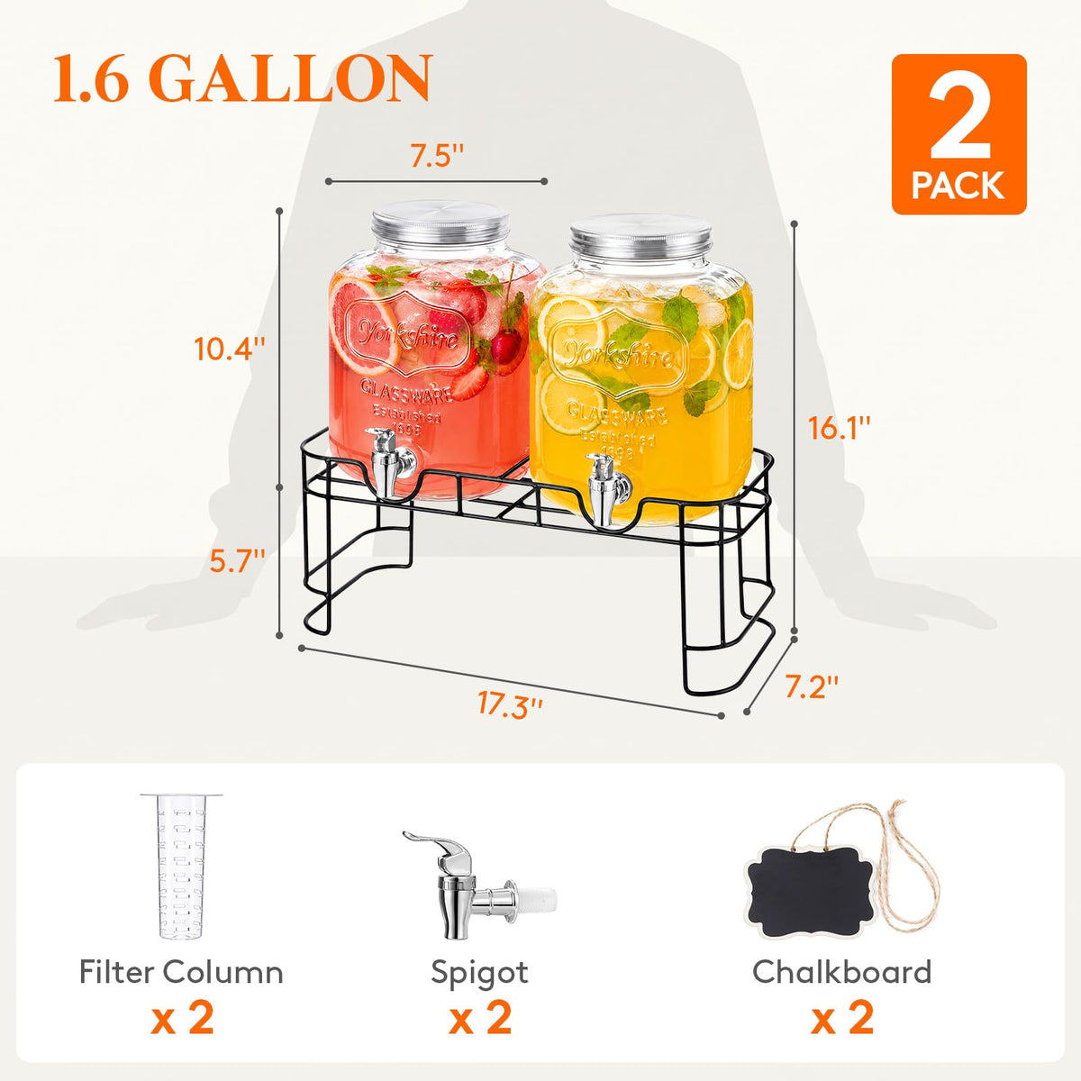 1.6 Gallon Glass Drink Dispenser with Stand & Fruit Infuser 2 Pcs D9935