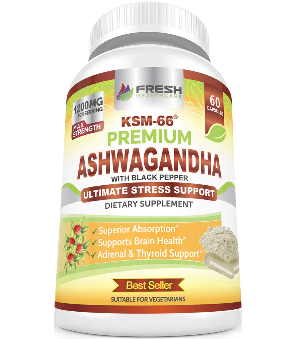 Ashwagandha Capsules 1200mg Root Extract with Black Pepper 60 Vegan Capsules Q706