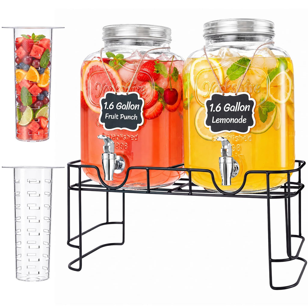 1.6 Gallon Glass Drink Dispenser with Stand & Fruit Infuser 2 Pcs D9935