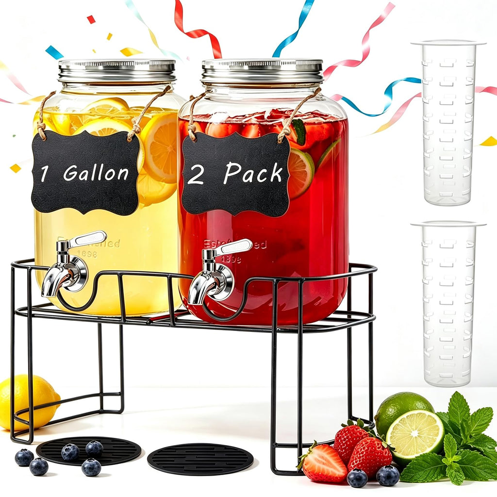 1 Gallon Glass Drink Dispenser with Stand, 2 Pack Beverage Dispenser with Spigot A80882