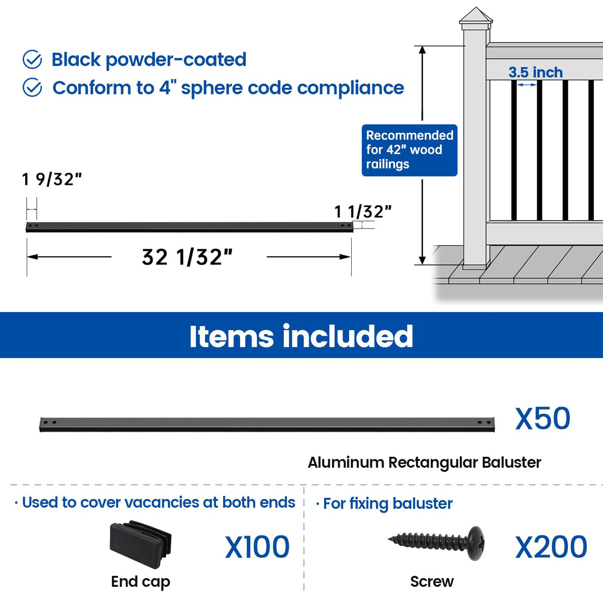 50Pack 32" Black Aluminum Rectangular Deck Balusters H353404