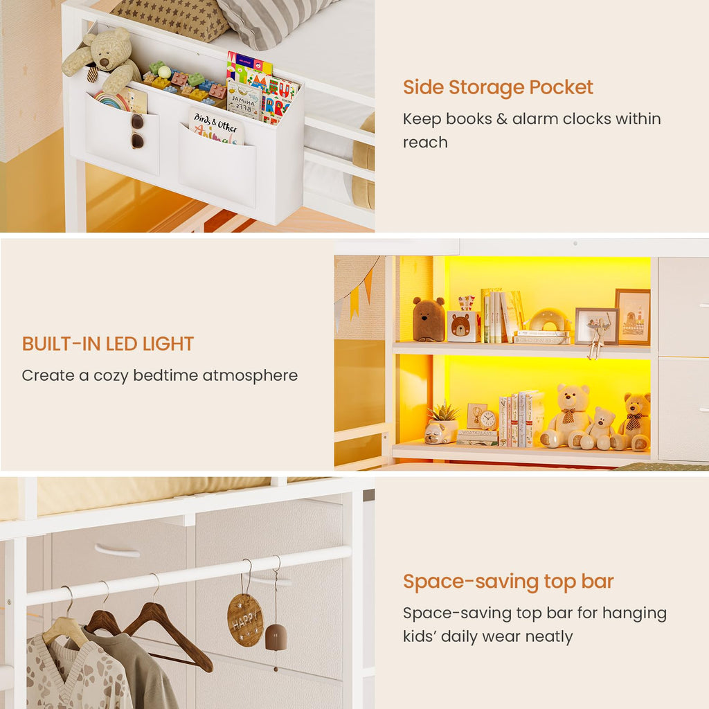 White Full Over Twin Bunk Bed with 6 Drawers and LED Lights C2102