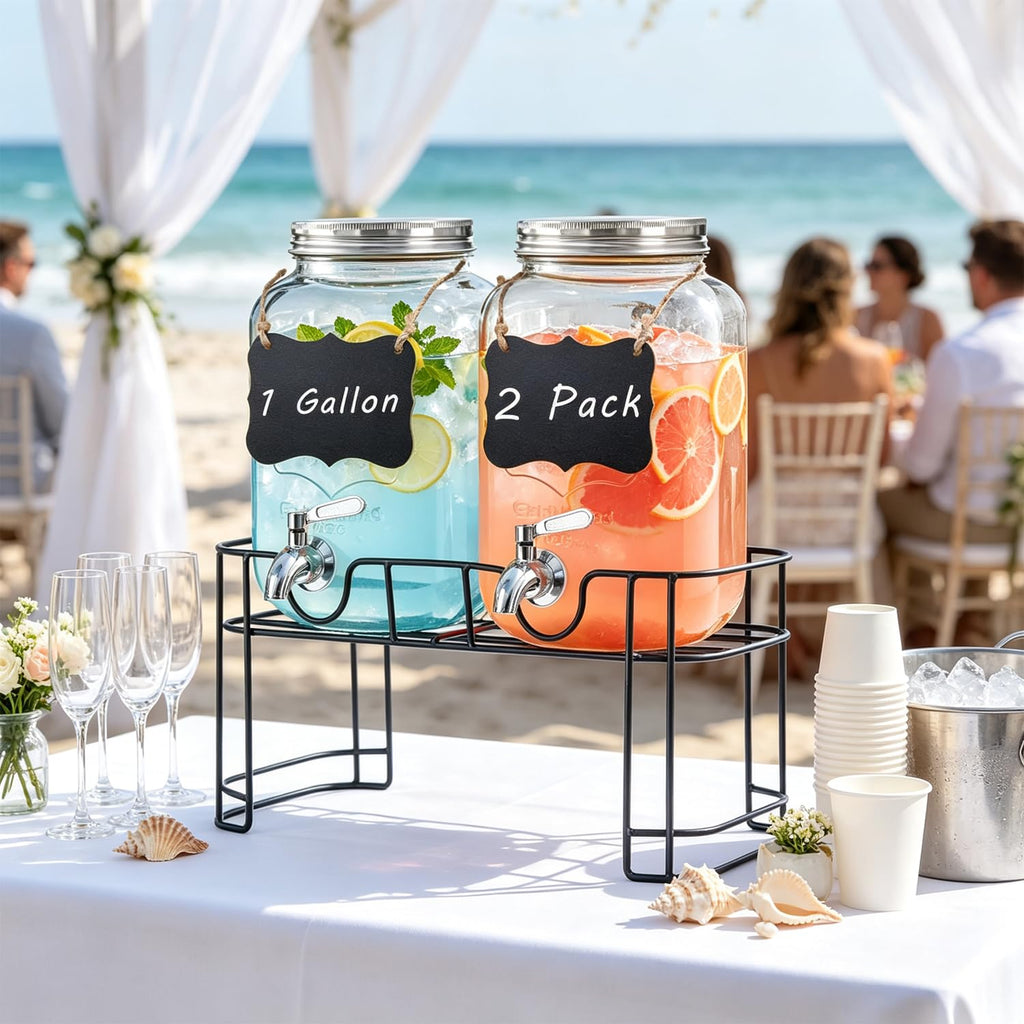 1 Gallon Glass Drink Dispenser with Stand, 2 Pack Beverage Dispenser with Spigot A80882