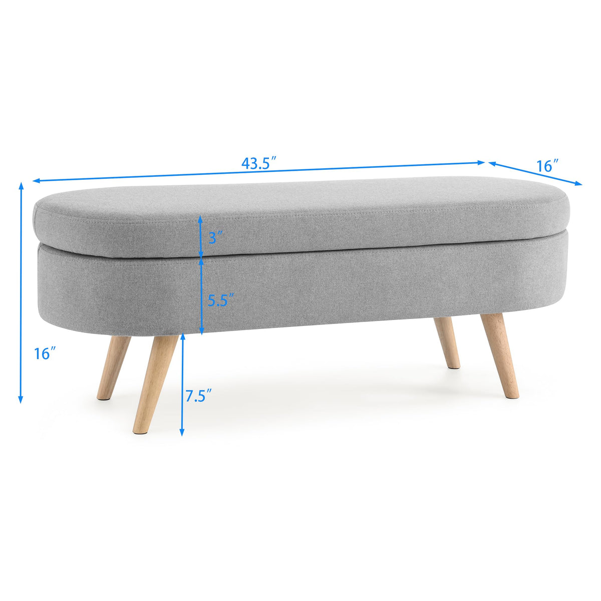 Oval Storage Bench with Linen Fabric and Rubber Wood Legs Grey U9334