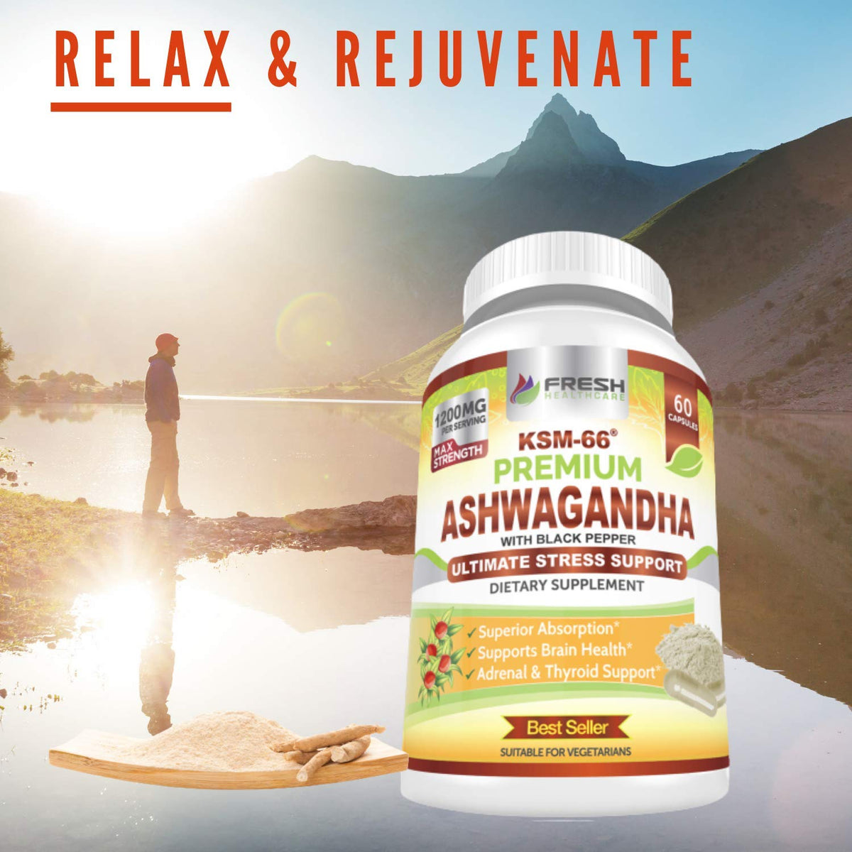 Ashwagandha Capsules 1200mg Root Extract with Black Pepper 60 Vegan Capsules Q706