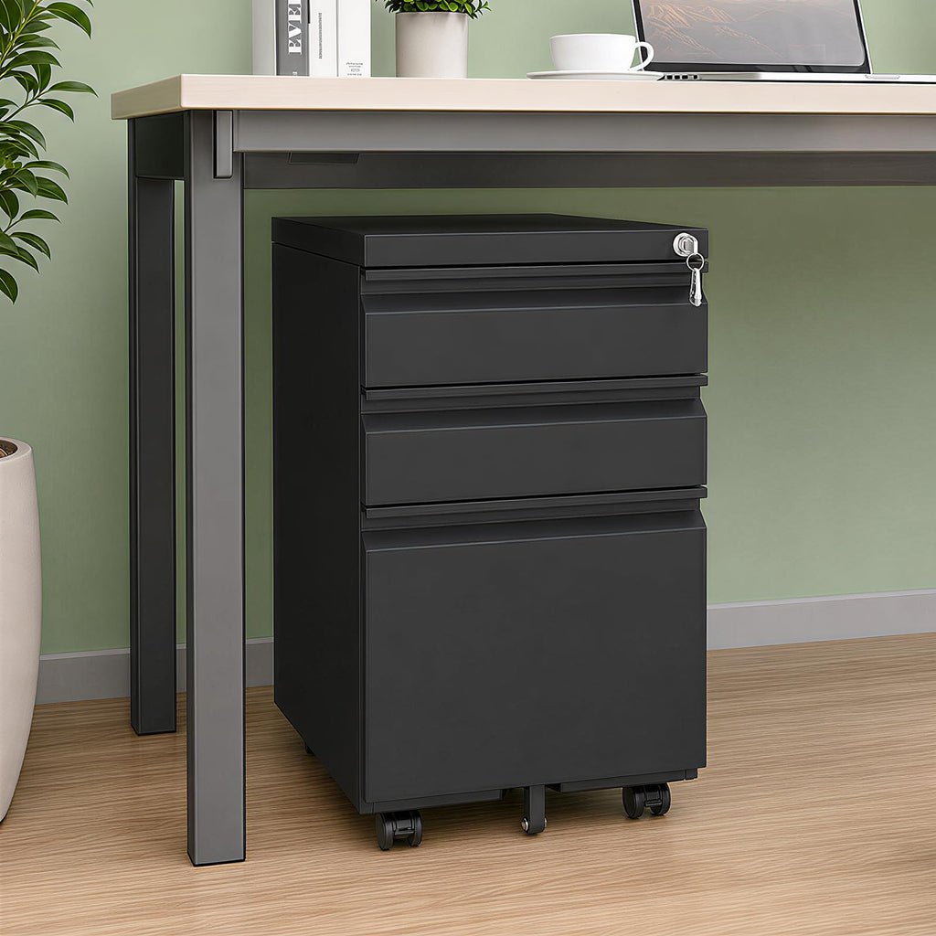 Black 3 Drawer Mobile File Cabinet with Lock B414