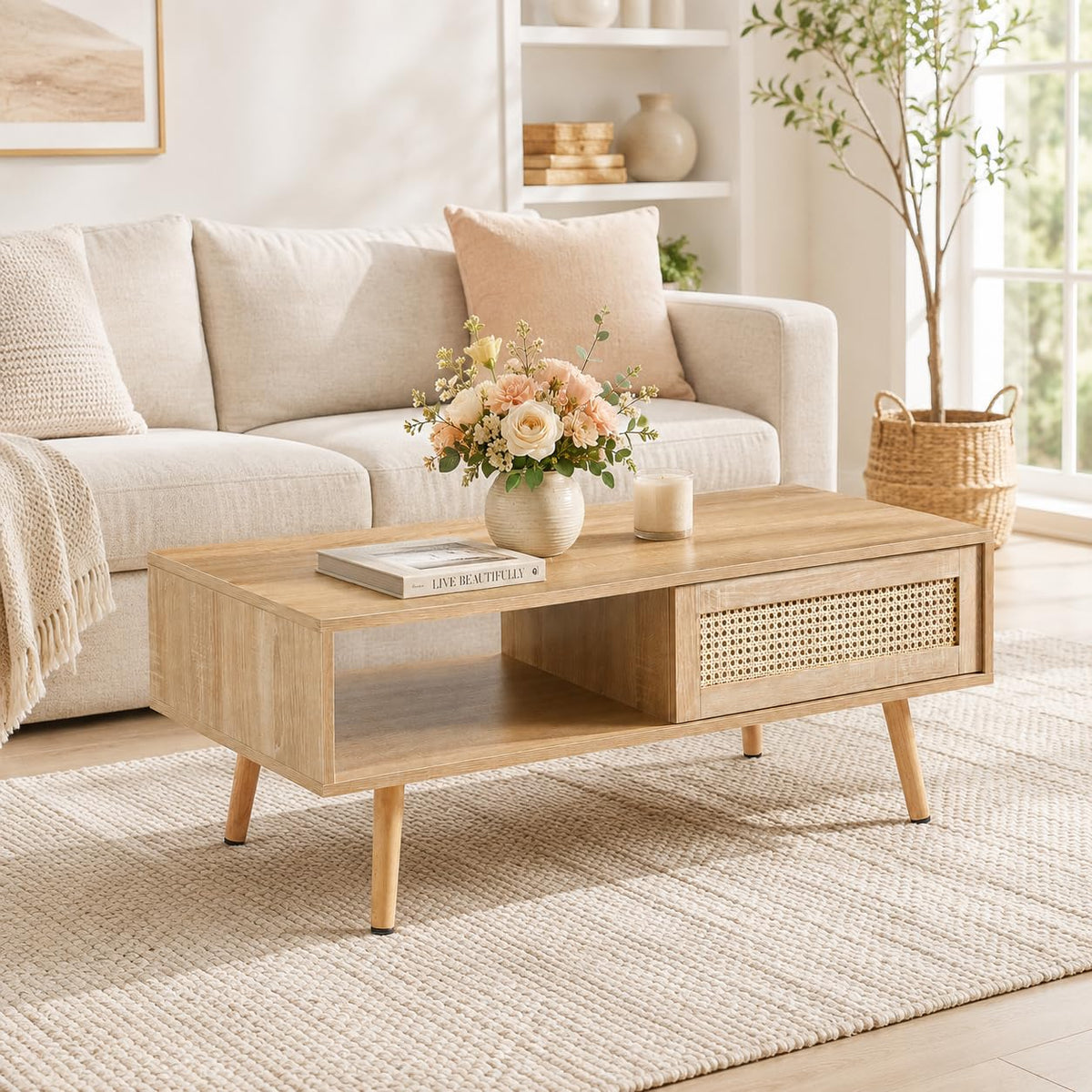 Rattan Coffee Table with Sliding Door Storage R25722