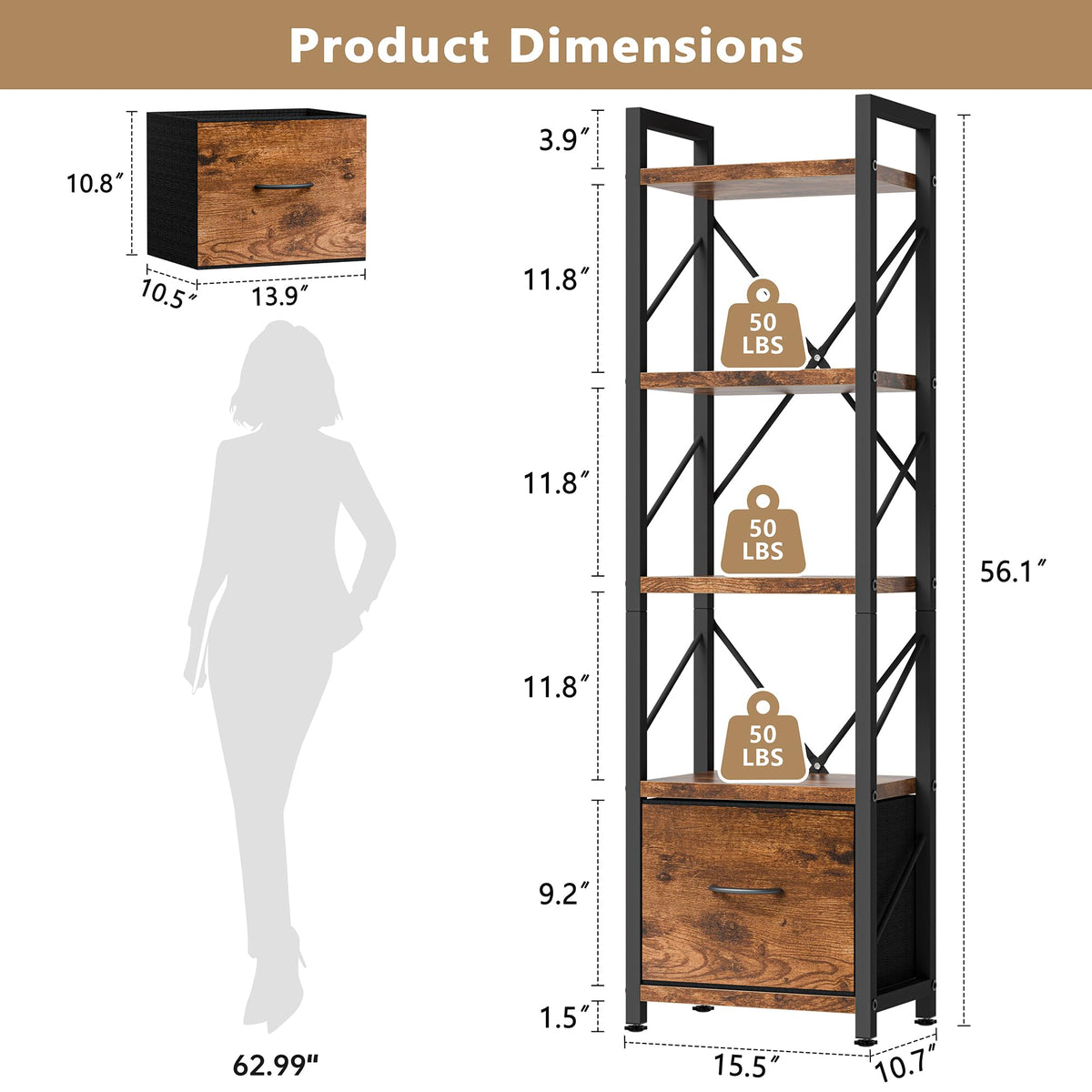 5 Tier Bookshelf with Drawer W25046