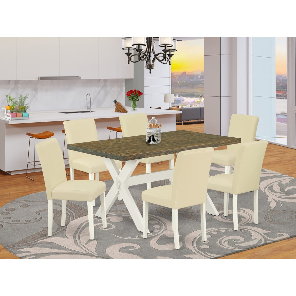 7 Piece Dining Room Table Set with 6 White Faux Leather Chairs T398