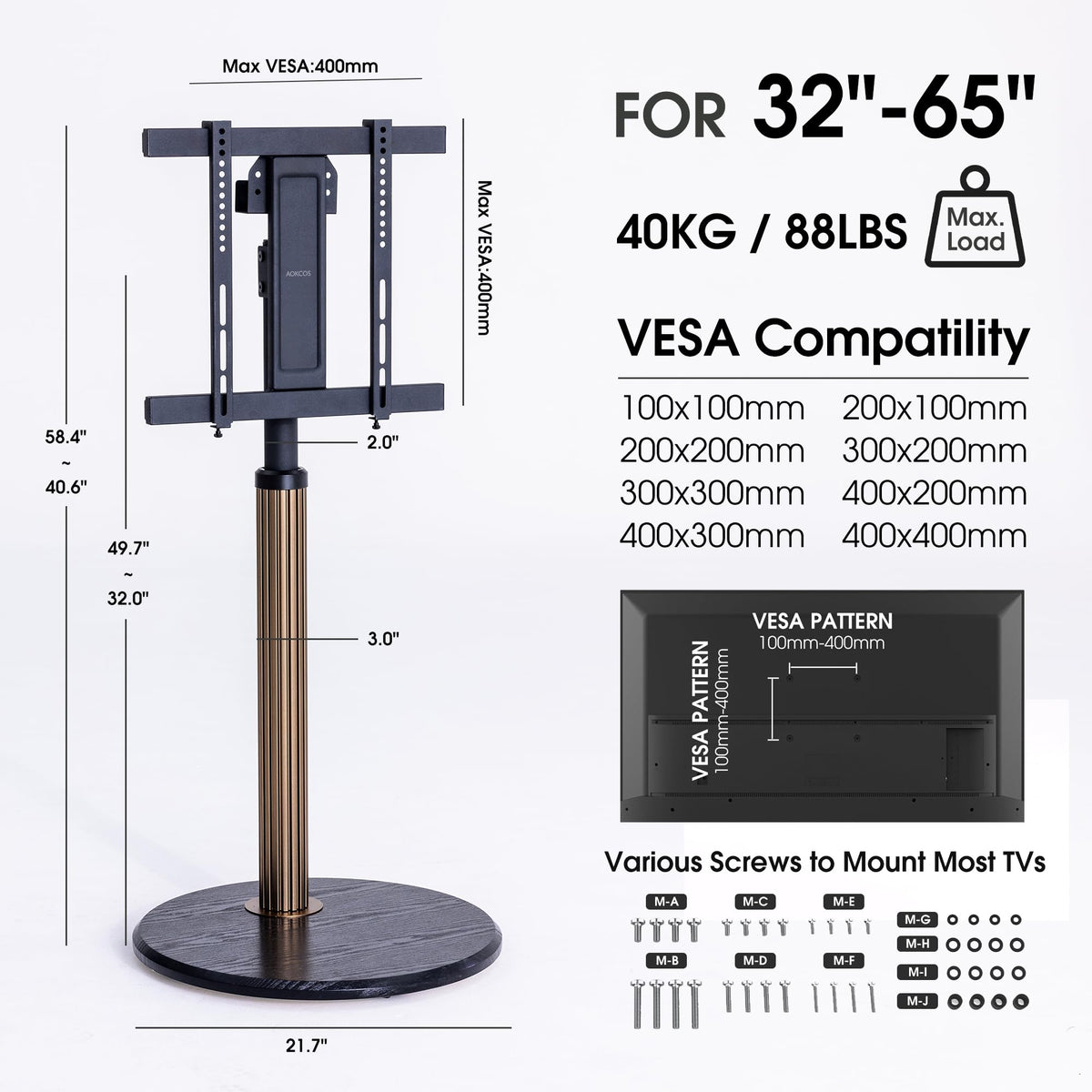 Aluminum Rolling TV Stand for 32-65 inch TVs F917