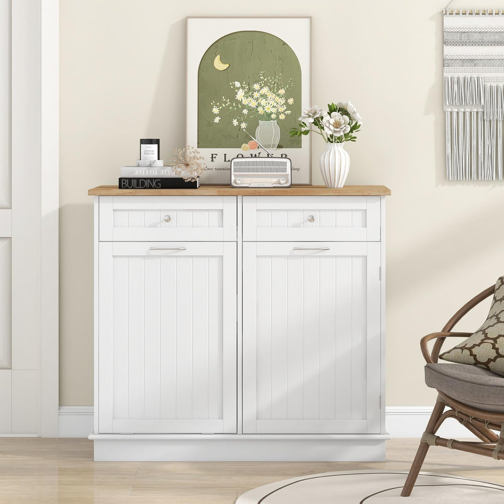 White Wooden Tilt Out Trash Bin Cabinet with Drawers B916586