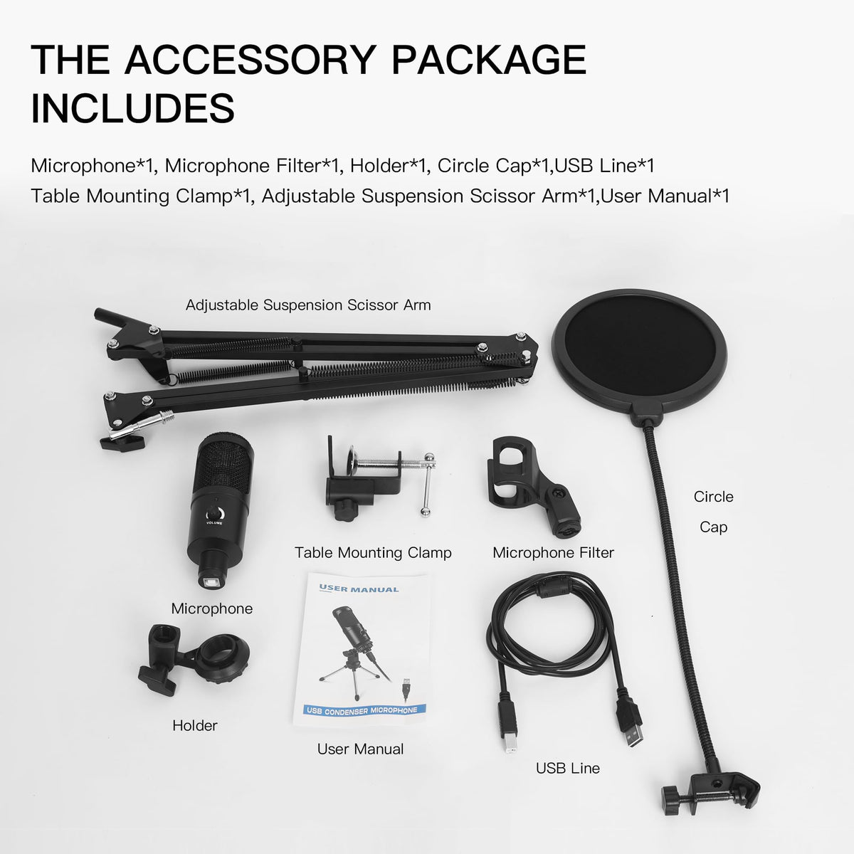 USB Condenser Microphone Kit with Scissor Arm, Shock Mount and Pop Filter B270