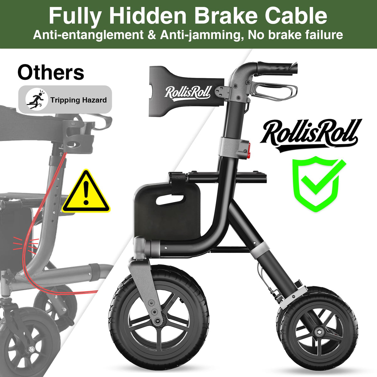 Black Foldable Rollator Walker with Seat, Backrest, 12" Rubber Wheels N176565