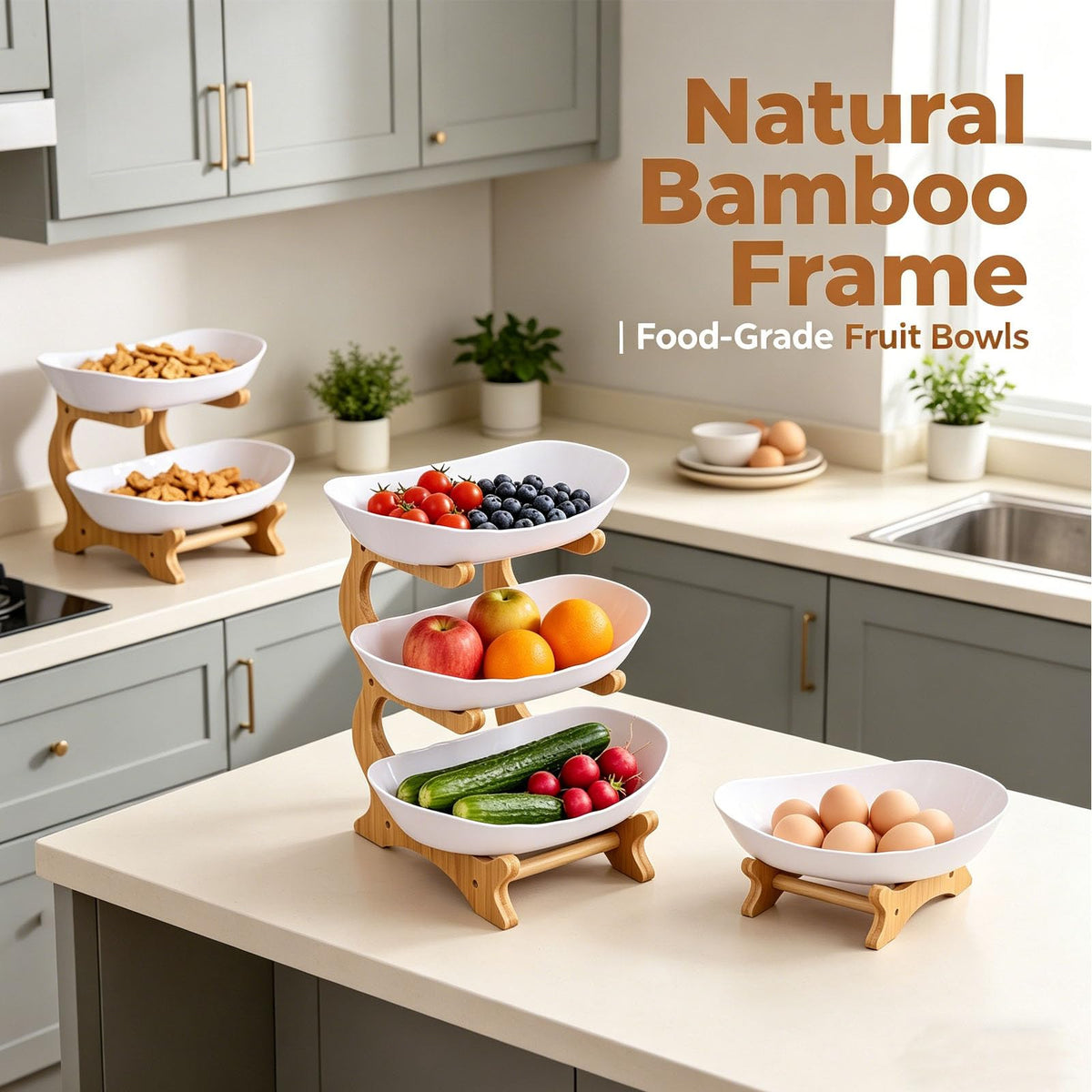 3 Tier Oval Fruit Basket with Bamboo Stand A65148