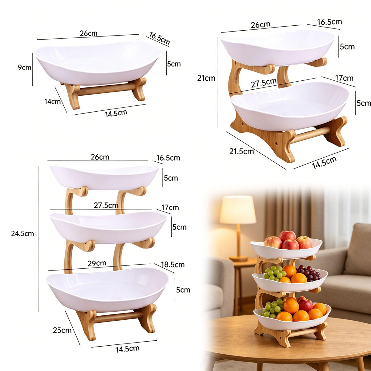 3 Tier Oval Fruit Basket with Bamboo Stand A65148