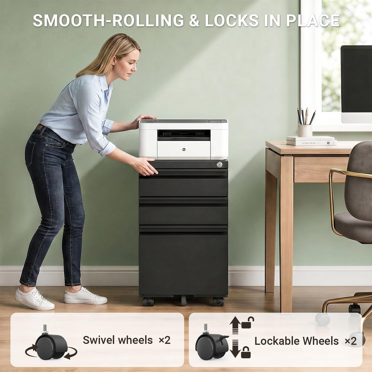 Black 3 Drawer Mobile File Cabinet with Lock B414