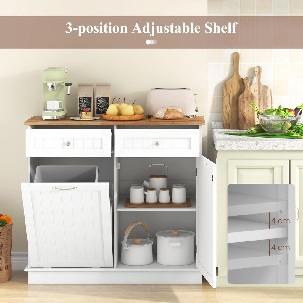 White Wooden Tilt Out Trash Bin Cabinet with Drawers B916586