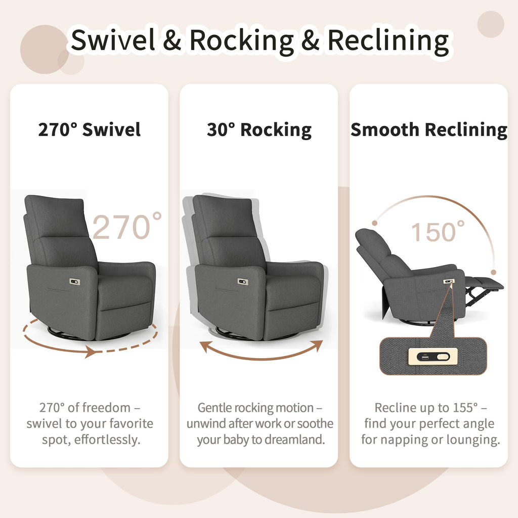 29" Electric Power Swivel Rocking Recliner Chair Dark Gray D69891