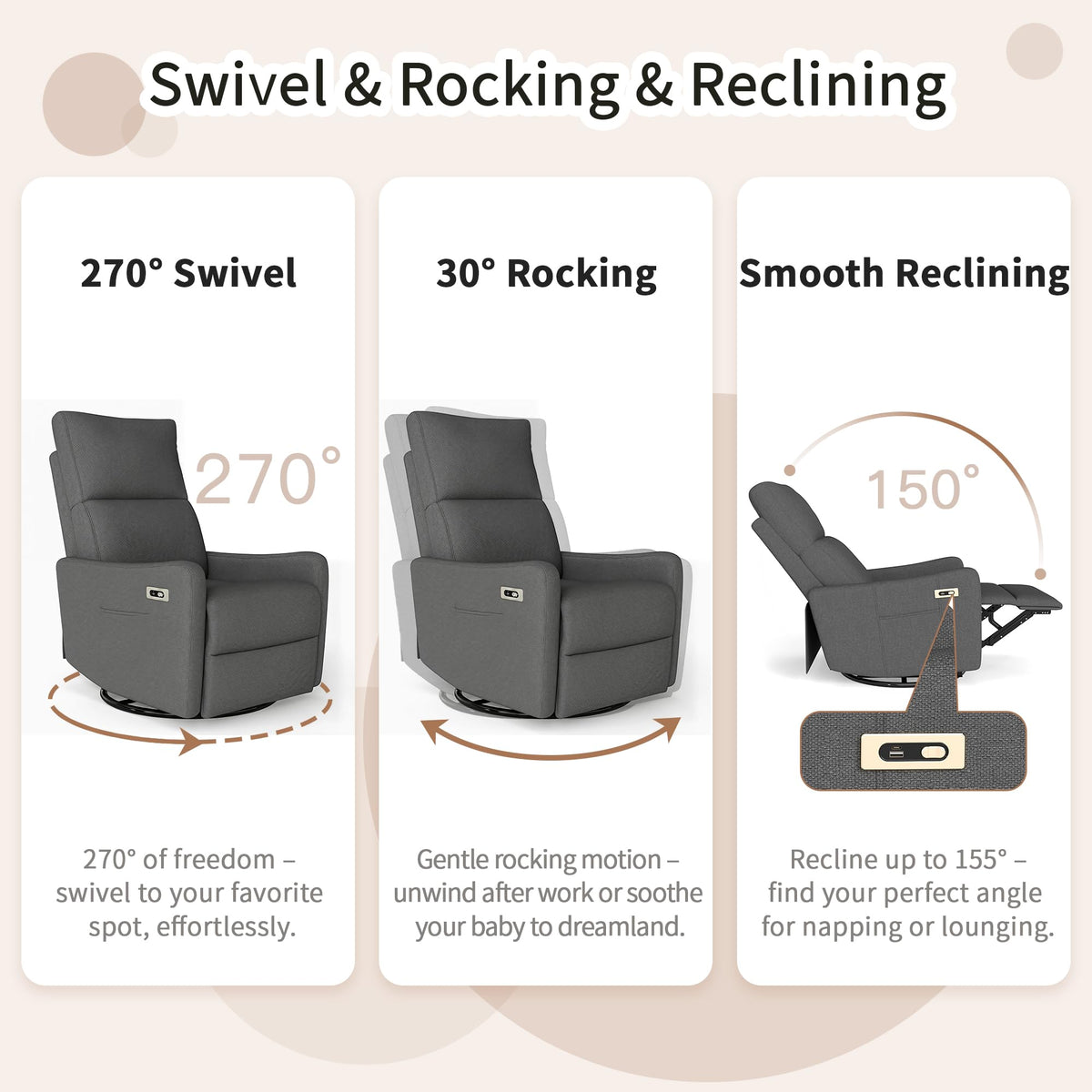 29" Electric Power Swivel Rocking Recliner Chair Dark Gray D69891