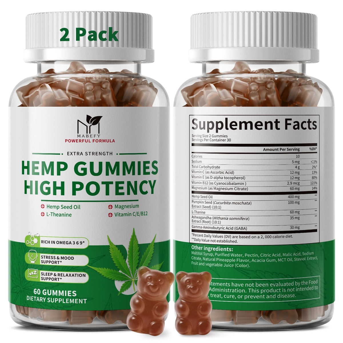 2 Pack Hemp Gummies with Magnesium, Vitamins, Pumpkin Seed, Ashwagandha, GABA, L-Theanine, Pineapple Flavor, 120 Bears, Vegan L816901