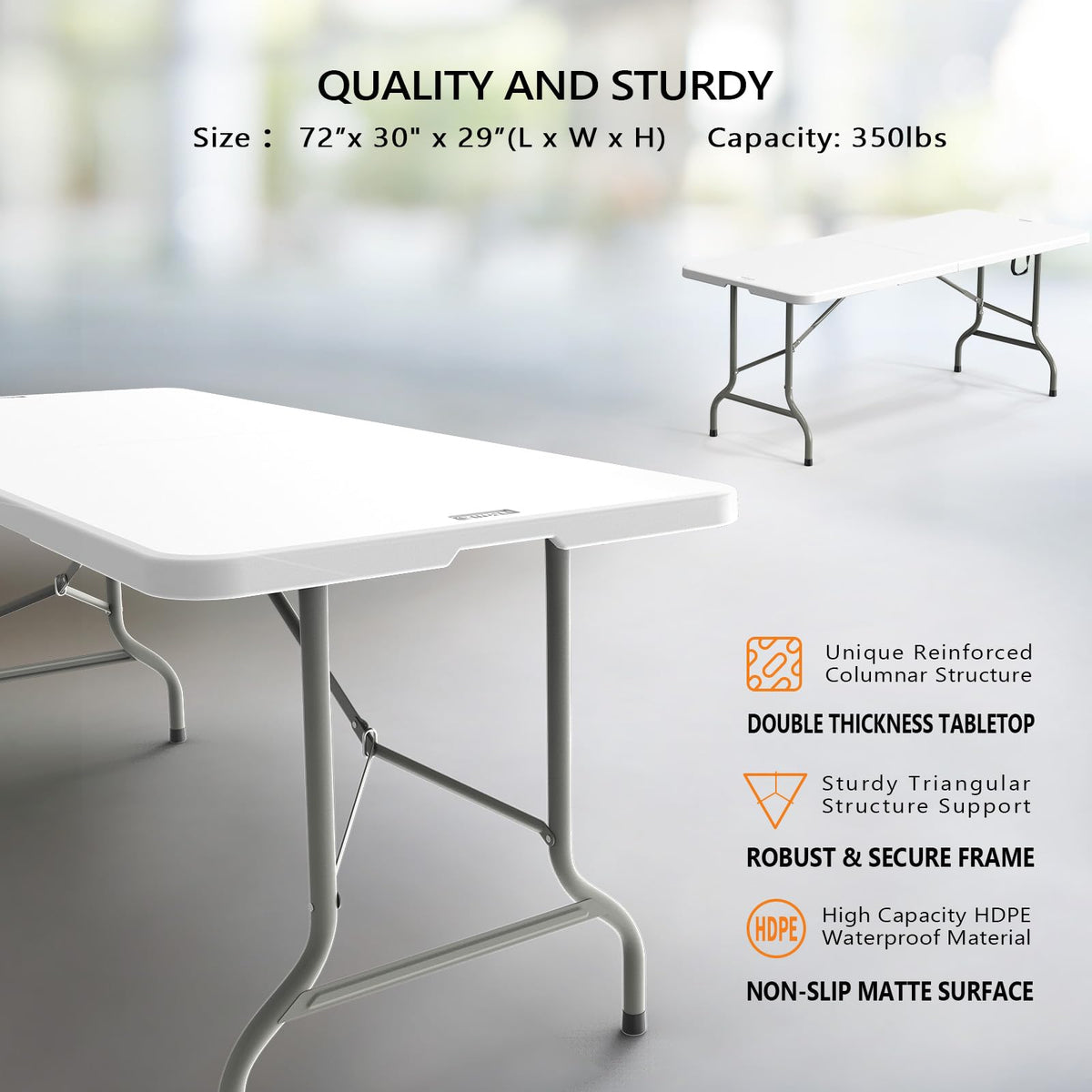 6 Foot White Plastic Folding Table with Carrying Handle O91341