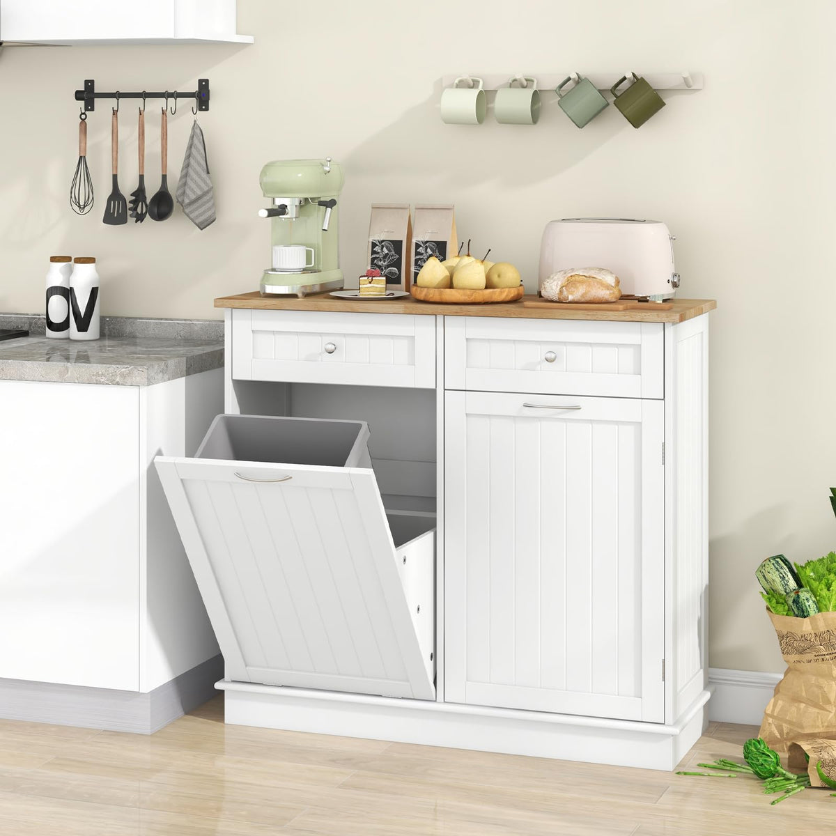White Wooden Tilt Out Trash Bin Cabinet with Drawers B916586