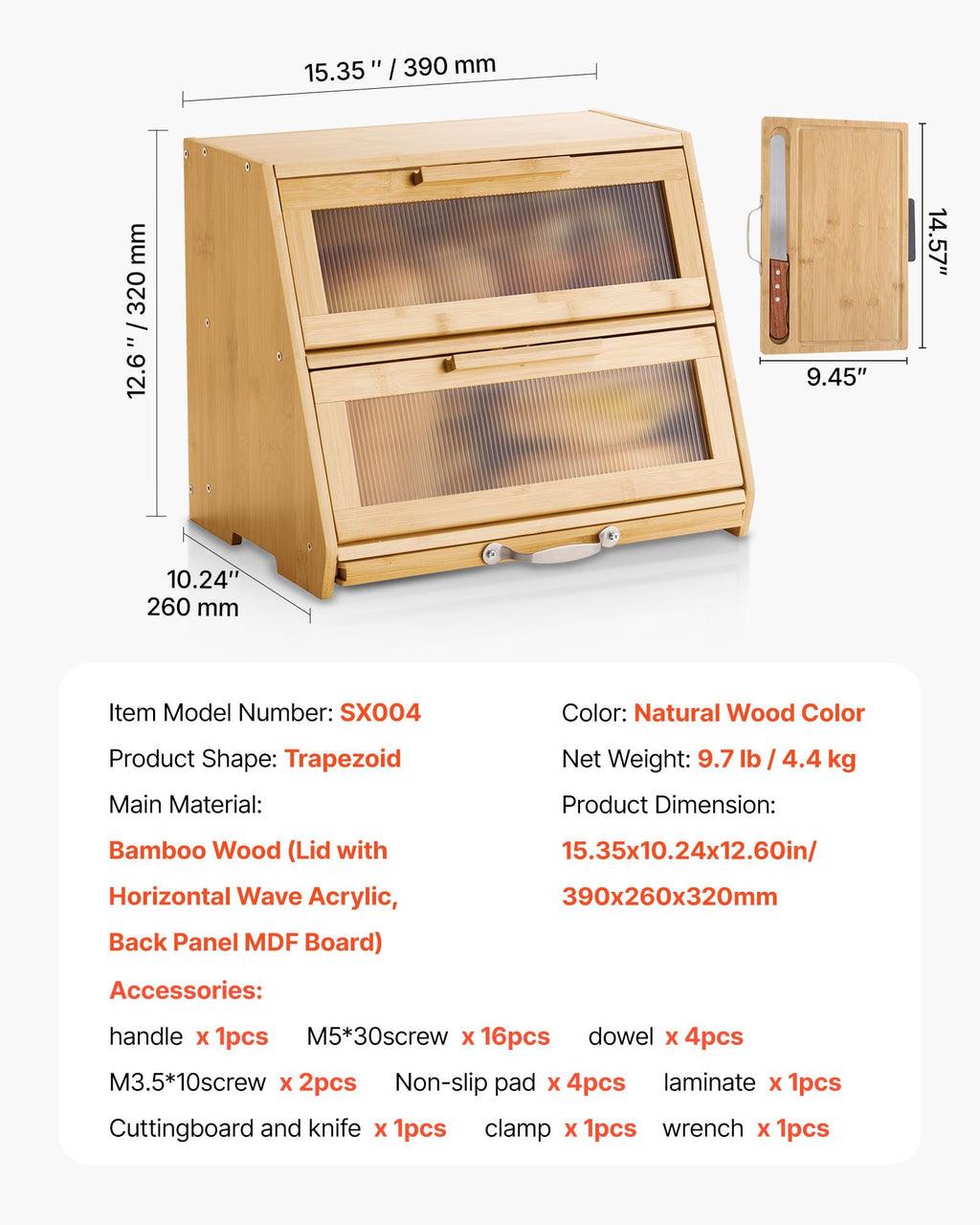 Large Capacity Bamboo Bread Box V3858