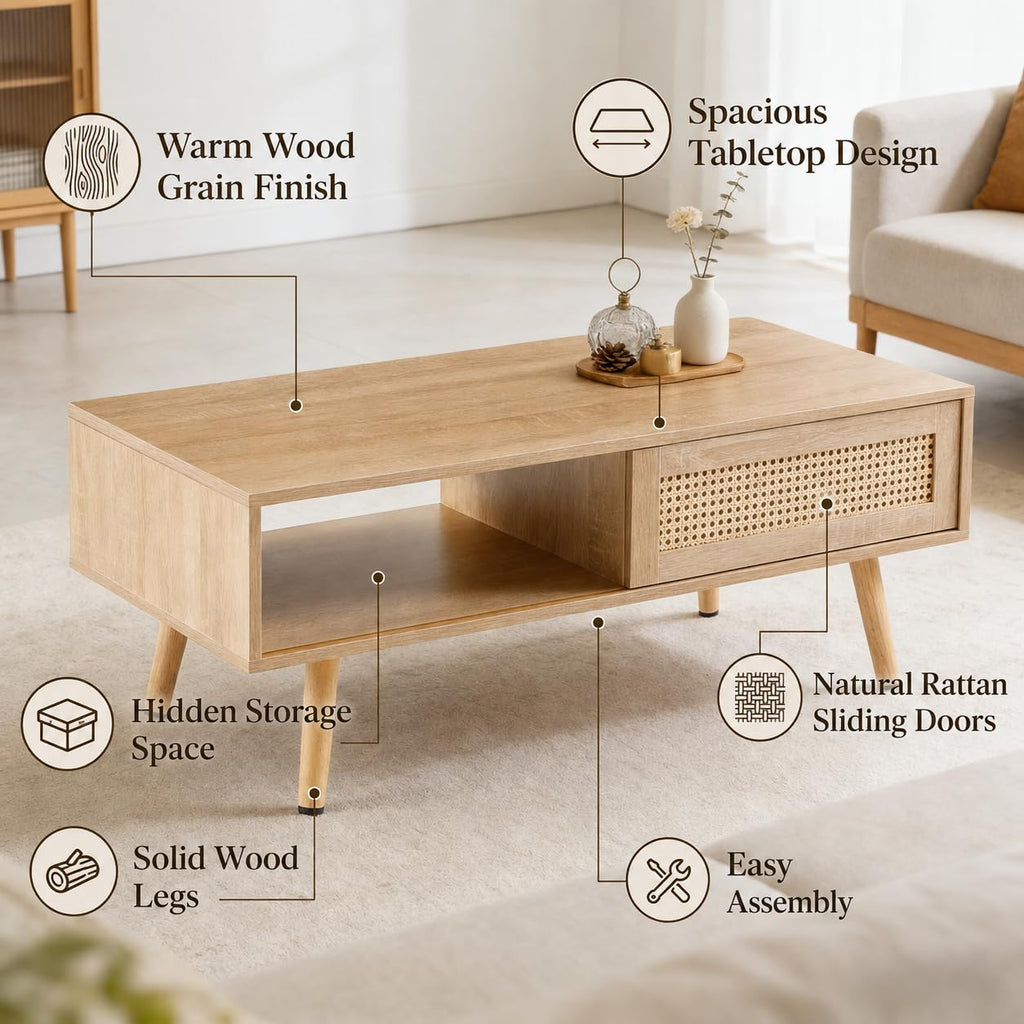Rattan Coffee Table with Sliding Door Storage R25722