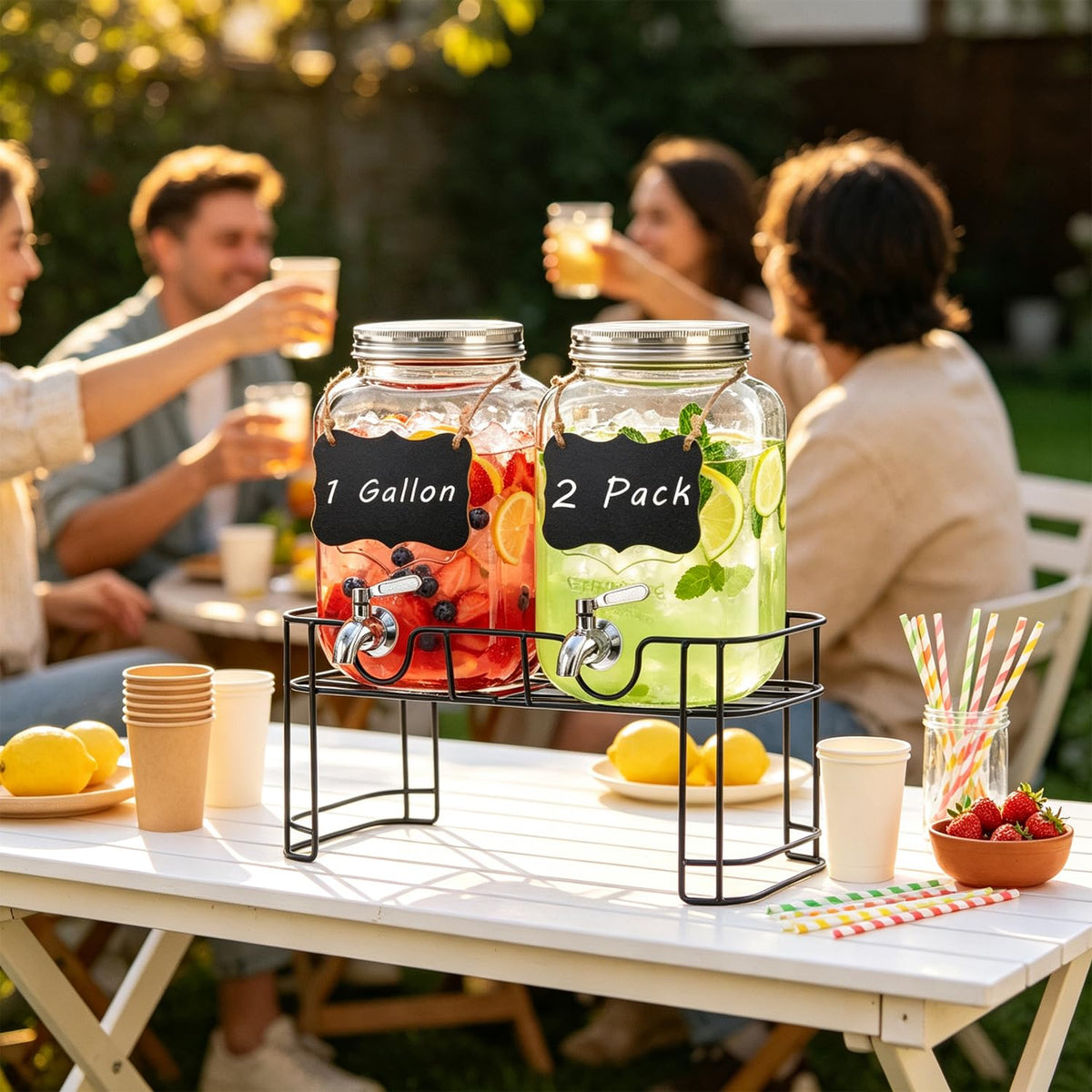 1 Gallon Glass Drink Dispenser with Stand, 2 Pack Beverage Dispenser with Spigot A80882