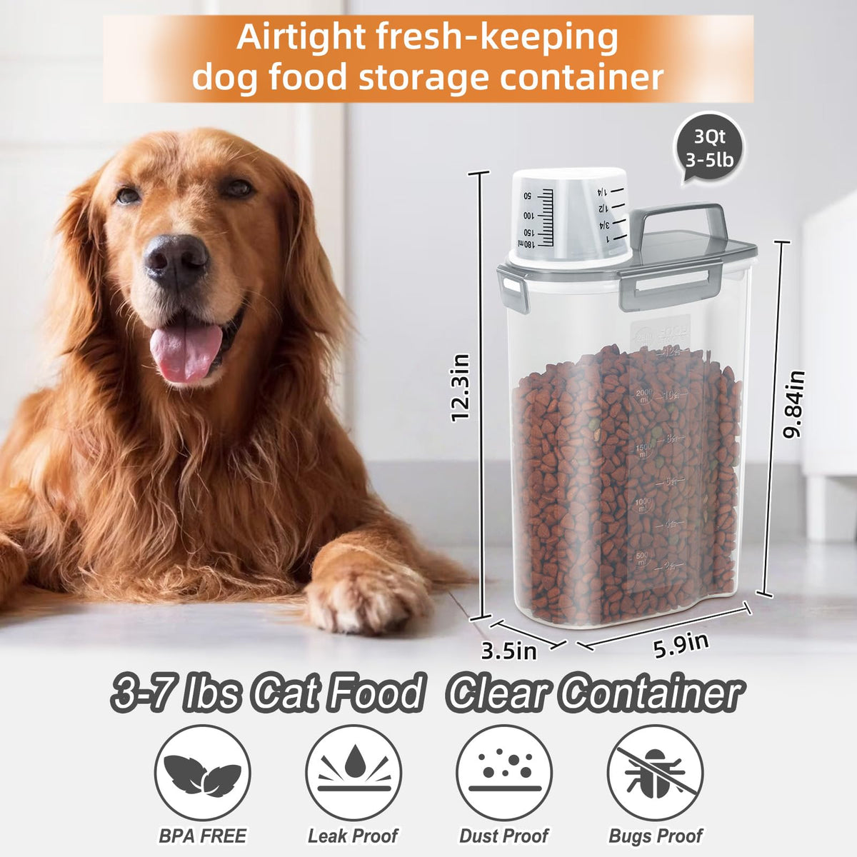 3-5Lbs/3Qt Plastic Pet Food Storage Container with Foldable Bowl P232114