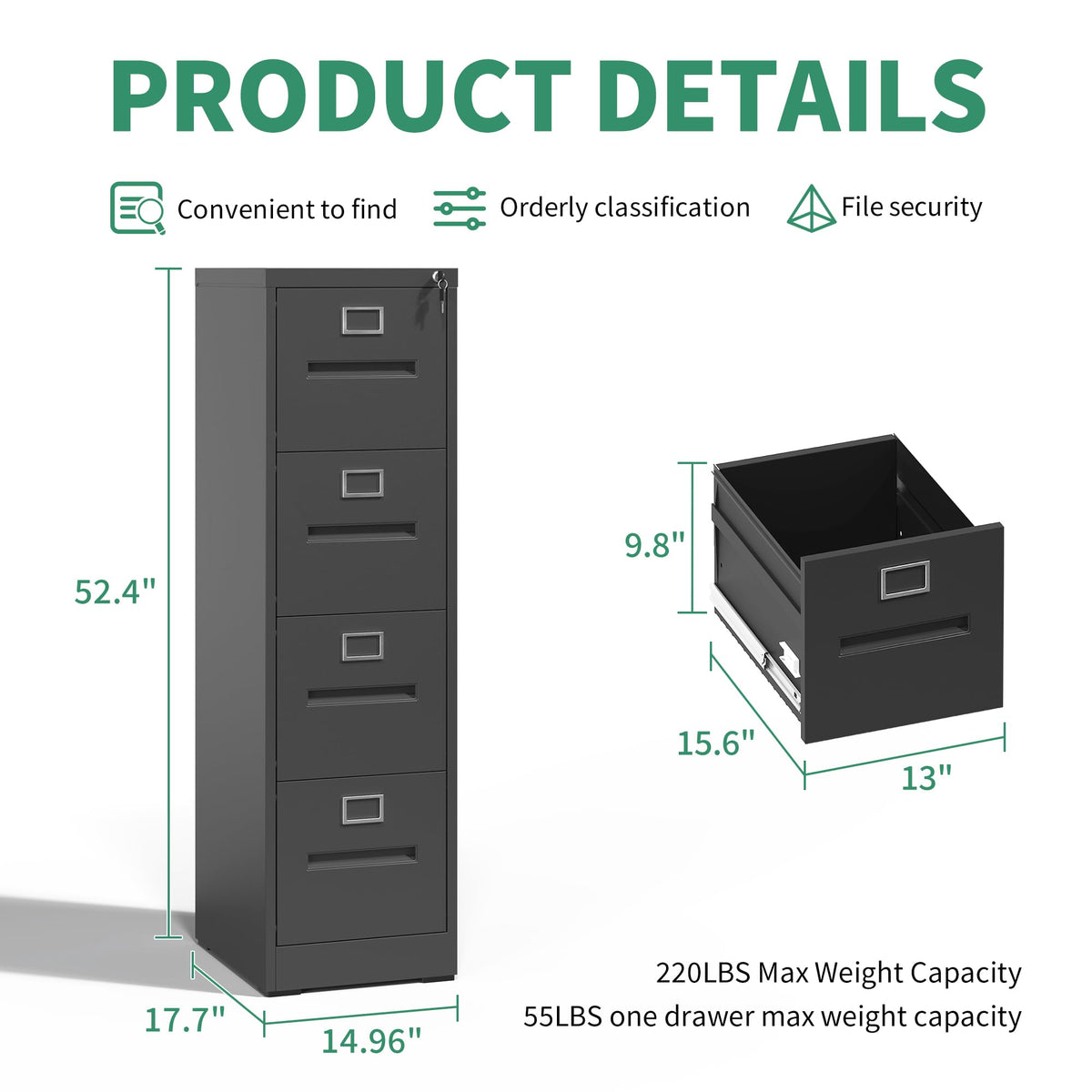 Black 4 Drawer Steel File Cabinet with Lock H6586