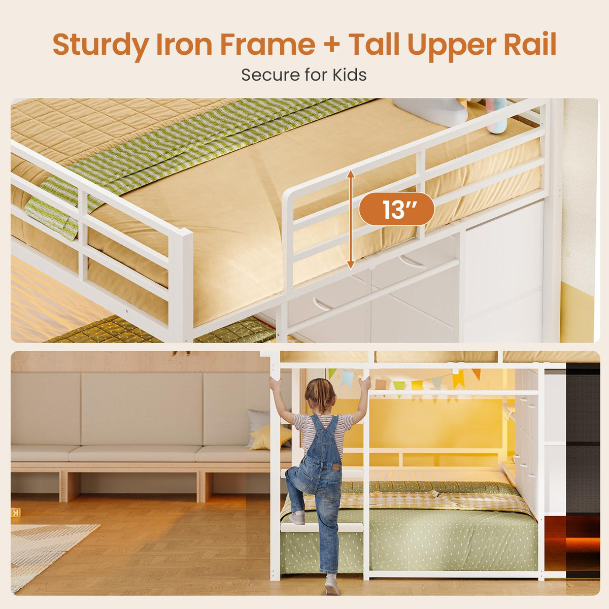 White Full Over Twin Bunk Bed with 6 Drawers and LED Lights C2102