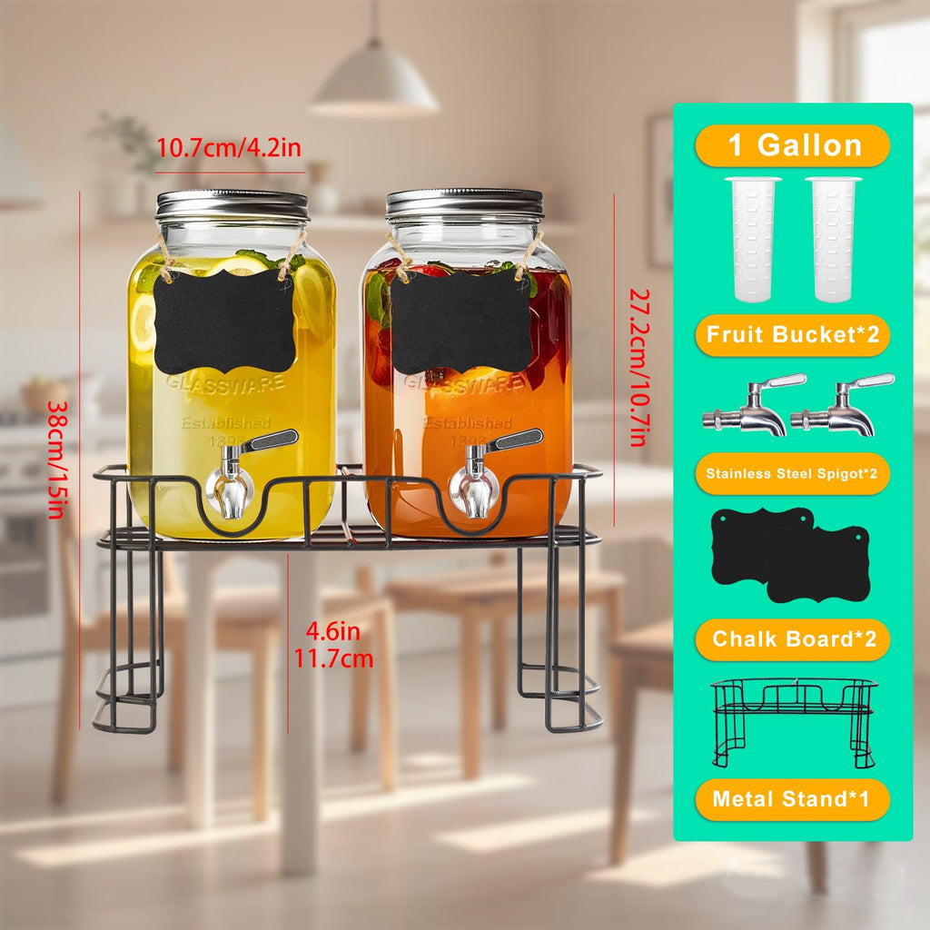 1 Gallon Glass Drink Dispenser with Stand, 2 Pack Beverage Dispenser with Spigot A80882