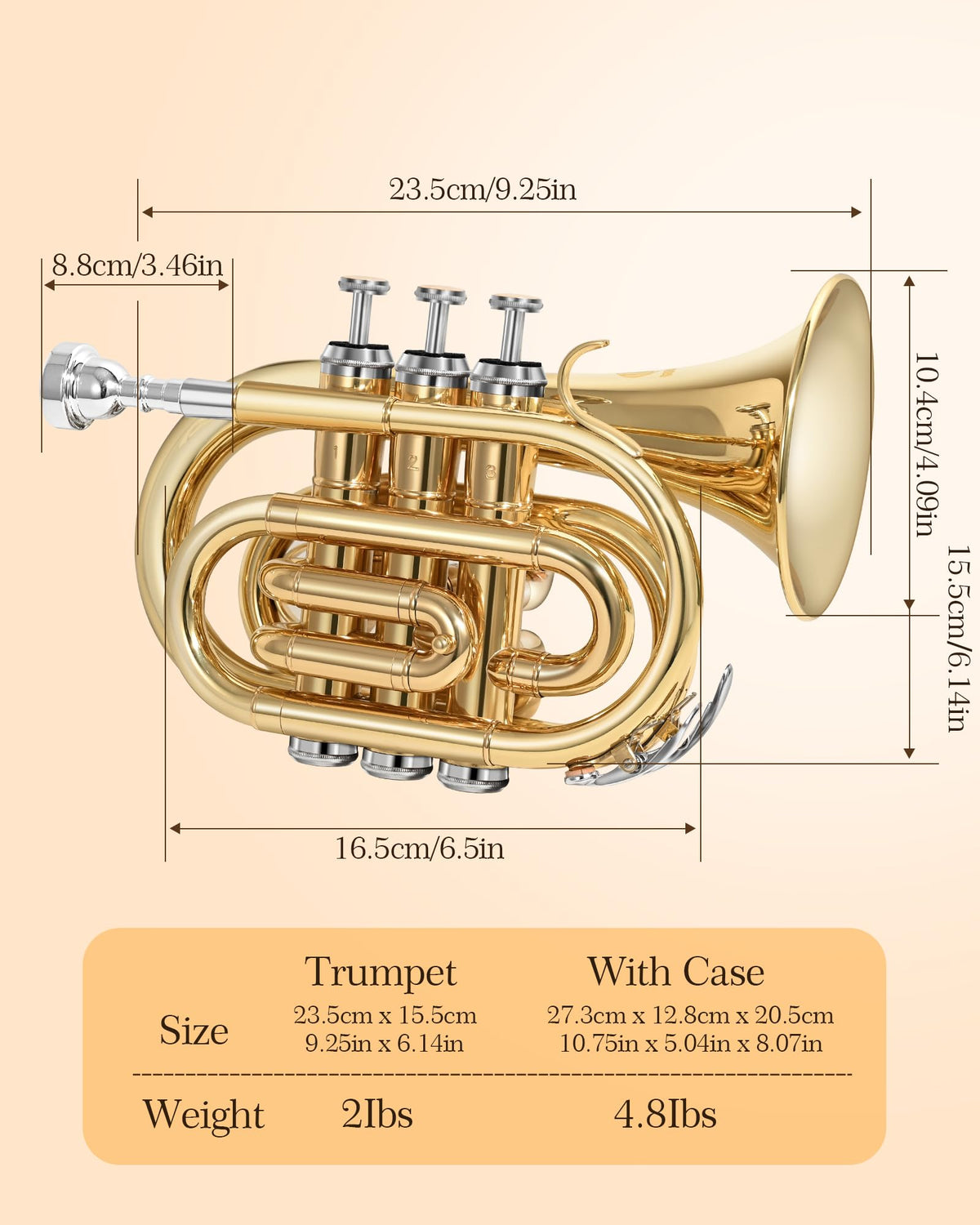 B Flat Brass Pocket Trumpet with 7C Mouthpiece and Hard Case Z548